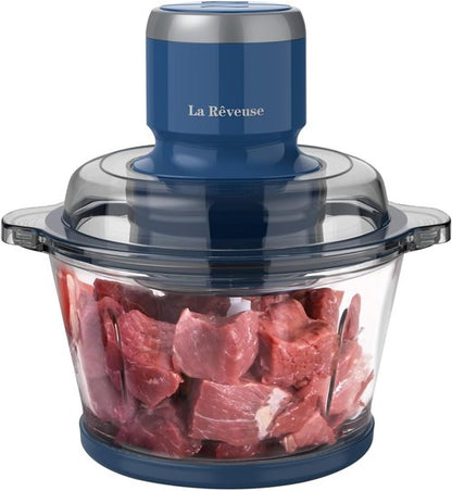 La Reveuse Food Processor - 7-Cup Electric Chopper with 4 Bi-Level Blades | 300W, Blue Glass Bowl