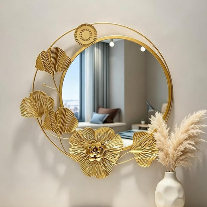 Gold 18" Round Wall Mirror with 3D Ginkgo Leaf Floral Frame