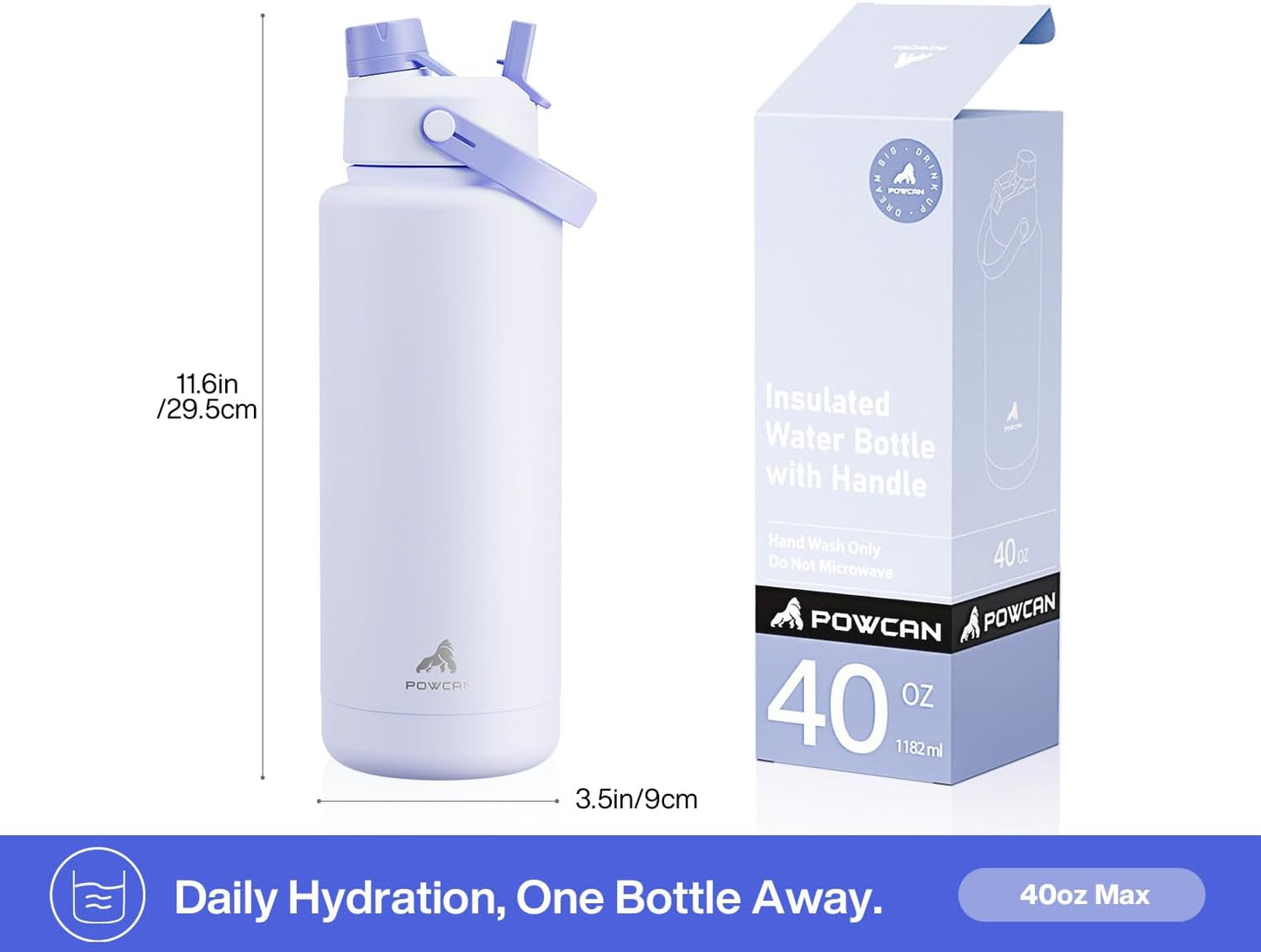 POWCAN 40 Oz Insulated Water Bottle - 2-in-1 Straw & Spout Lid, Leak-Proof, BPA-Free, Ideal for Sports & Travel (Lupine)