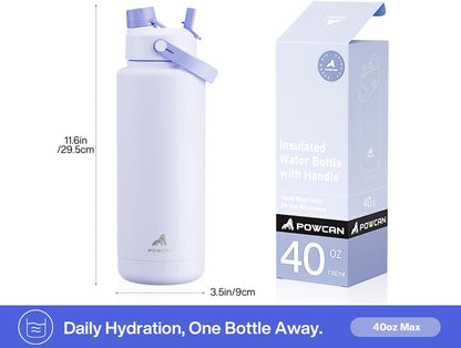 POWCAN 40 Oz Insulated Water Bottle - 2-in-1 Straw & Spout Lid, Leak-Proof, BPA-Free, Ideal for Sports & Travel (Lupine)