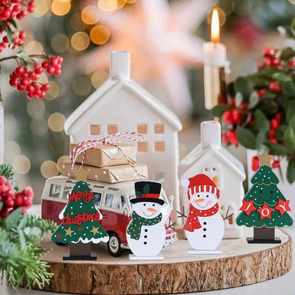 DECSPAS Christmas Decorations - 4 PCS Wooden Christmas Trees & Snowmen for Festive Table Centerpieces | Winter Home Decor