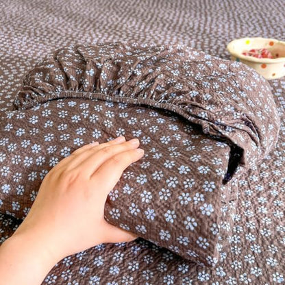 Queen Fitted Sheet - Brown Floral Bubble Wrinkle Soft Bedding with Secure Fit Elastic