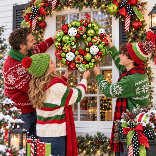 14 Inch Christmas Wreath with Red, Green & White Ornaments for Front Door
