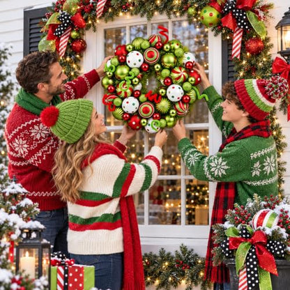 14 Inch Christmas Wreath with Red, Green & White Ornaments for Front Door