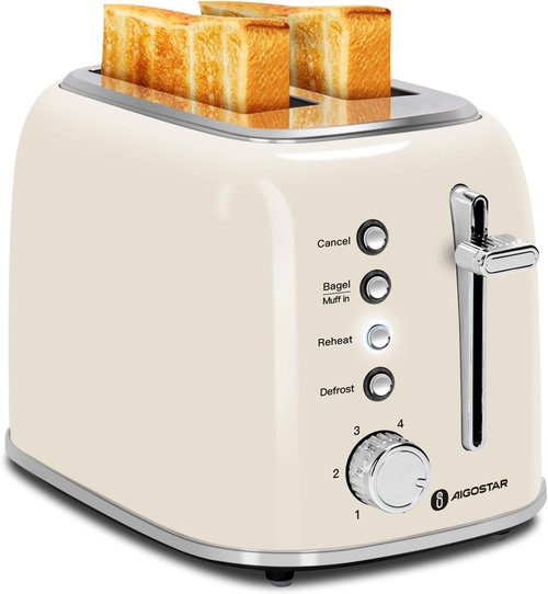 Aigostar 2-Slice Toaster - Retro Extra-Wide Slots for Bagels & Waffles | Stainless Steel, Cream White