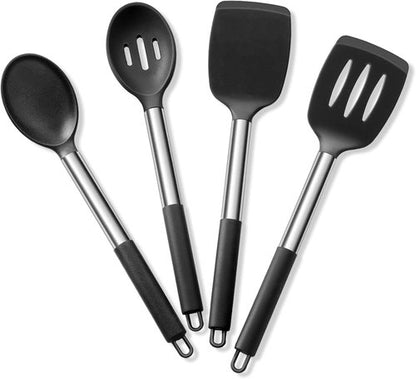 E-far Silicone Cooking Utensils Set - Heat Resistant & Non-Toxic for Non-Stick Cookware | 4-Piece Black Set