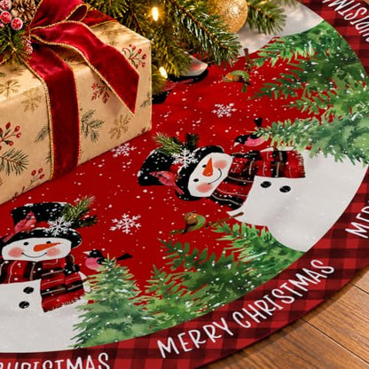 Christmas Tree Skirt 48 Inch Red Buffalo Plaid Snowman Holiday Decor