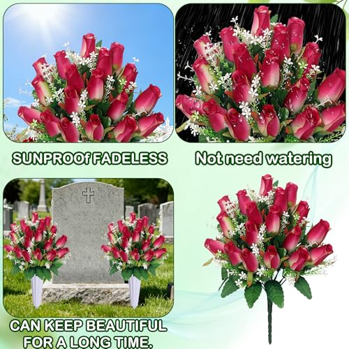 Artificial Cemetery Flowers for Grave Rose Pink 2-Pack with Vases - Memorial Flowers for Tombstone Decoration