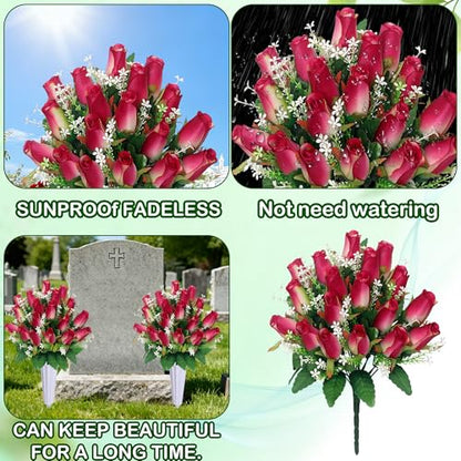 Artificial Cemetery Flowers for Grave Rose Pink 2-Pack with Vases - Memorial Flowers for Tombstone Decoration