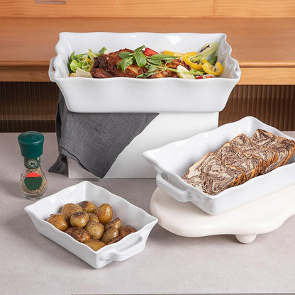 Sweejar Casserole Dishes - Ceramic Bakeware Set of 3 | Rectangular Baking Dish with Handles, White