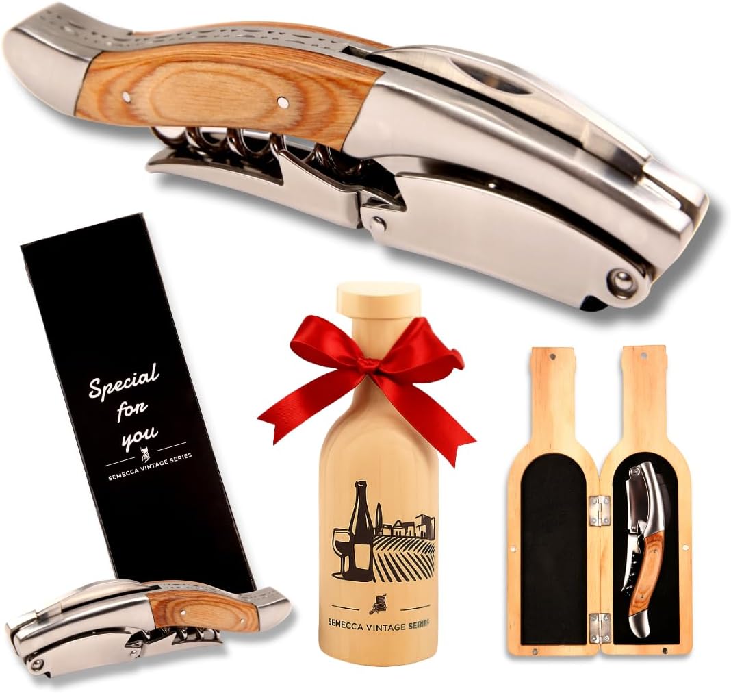 Semecca® Wine Opener – Professional Waiter’s Corkscrew, Double Hinged Wine Key, Wine Bottle Opener with Wooden Gift Box, Gift for Wine Lovers