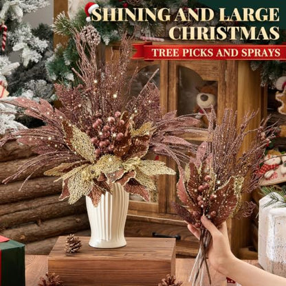 Glitter Bronze Christmas Picks and Sprays - 108 Pieces, 12 Styles - Holiday Decoration
