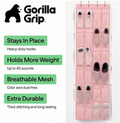 GORILLA GRIP Over The Door Shoe Organizer - 24 Large Breathable Mesh Pockets | Space-Saving Pink Storage Solution