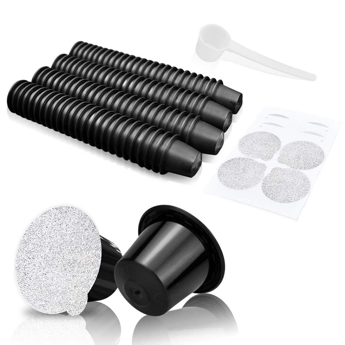 CAPMESSO Reusable Espresso Capsules -Refillable Capsule Coffee Pods Filters Reusable 200 Times Compatible with Nespresso Original Line Machines (Black, 100 Pods+100 Lids+Scoop1)