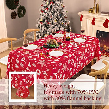 Christmas Tablecloth with Elk Pattern, Waterproof Vinyl, 102x60 Inches - Rectangular Holiday Table Cover with Flannel Backing