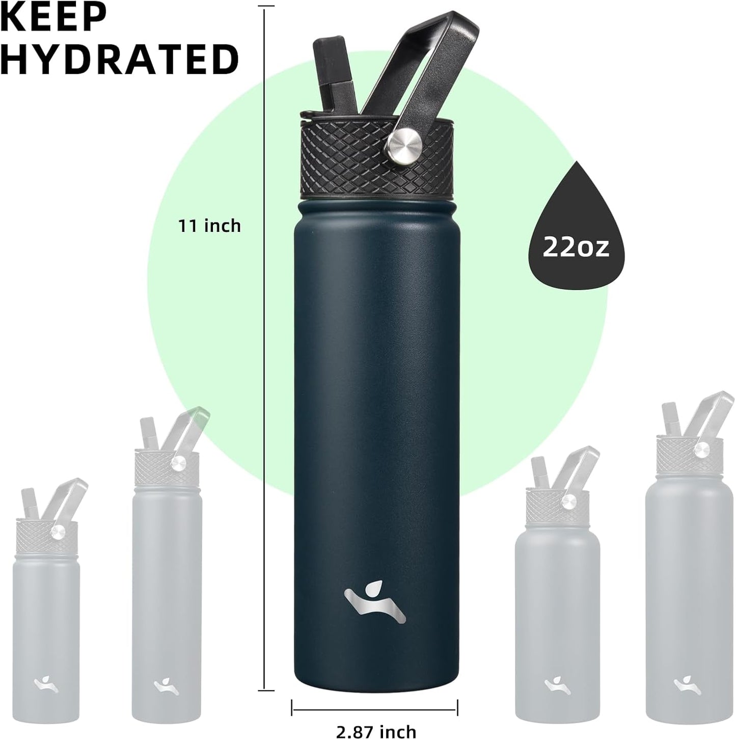 Skiennix 22oz Stainless Steel Water Bottle - Insulated with 3 Lids | Navy Blue