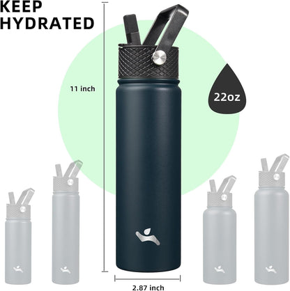 Skiennix 22oz Stainless Steel Water Bottle - Insulated with 3 Lids | Navy Blue