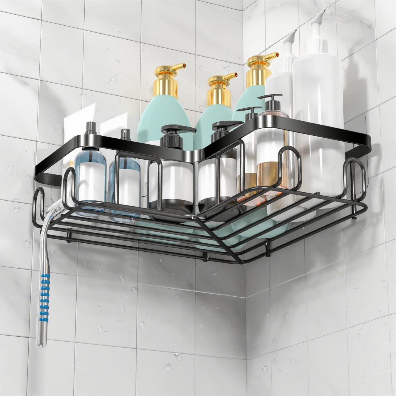 Moforoco Corner Shower Caddy - Self-Adhesive Black Organizer Shelf for Bathroom Storage | RV Essentials