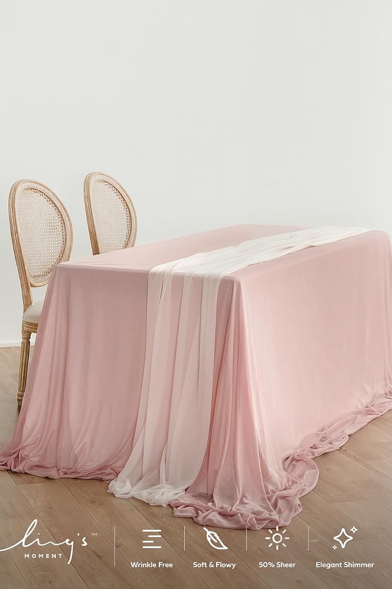 Ling's Moment Sheer Chiffon Table Cloth & Runner Set 9ft x 10ft Dusty Rose