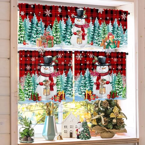 Snowman Christmas Kitchen Curtains Set with Valance - Snowmantree, 54"W x 24"L