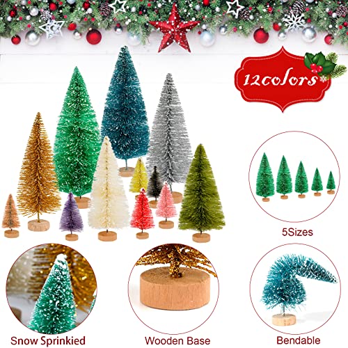50 Pcs Mini Christmas Tree Set - MixColor Bottle Brush Trees with Wooden Bases