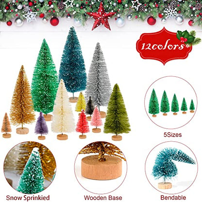 50 Pcs Mini Christmas Tree Set - MixColor Bottle Brush Trees with Wooden Bases