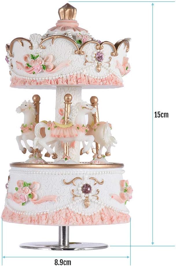 Skiennix Carousel Music Box - 3-Horse Rotating Windup with LED Lights | Pink Musical Gift for Girls