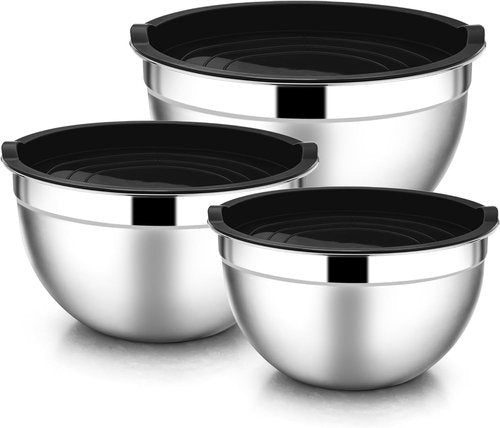 E-far Stainless Steel Mixing Bowls - 6-Piece Set with Airtight Lids & Stackable Design | 4.5, 3, 1.5 QT (Black)