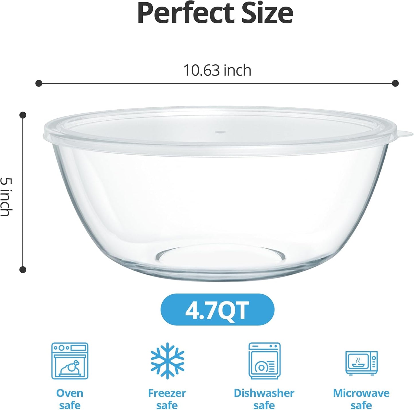 Skiennix 4.7 Qt Extra Large Glass Mixing Bowl - Clear Glass for Salad, Cooking & Storage