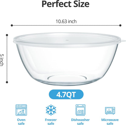 Skiennix 4.7 Qt Extra Large Glass Mixing Bowl - Clear Glass for Salad, Cooking & Storage