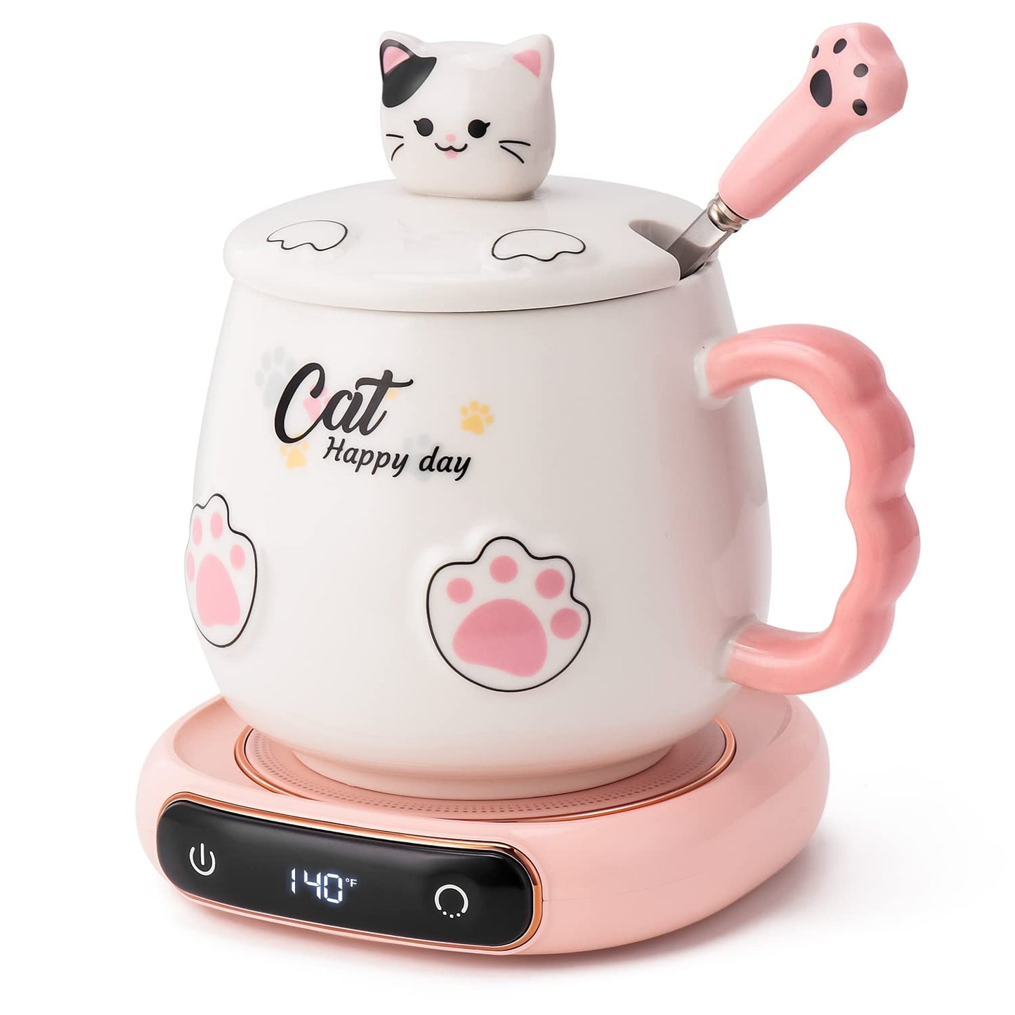 Bgbg Coffee Mug Warmer & Cute Cat Mug Set, Beverage Cup Warmer for Desk Home Office with Three Temperature Up to 140℉/ 60℃, Coffee Warmer for Cocoa Milk Tea Water Candle, 8 Hours Auto Shut Off