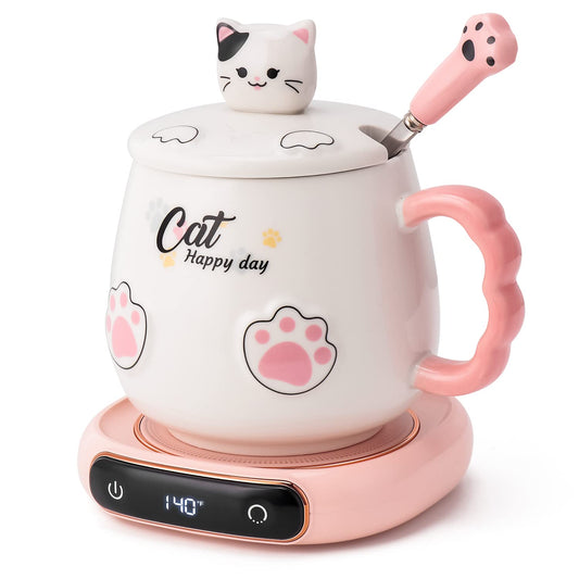 Bgbg Coffee Mug Warmer & Cute Cat Mug Set, Beverage Cup Warmer for Desk Home Office with Three Temperature Up to 140℉/ 60℃, Coffee Warmer for Cocoa Milk Tea Water Candle, 8 Hours Auto Shut Off