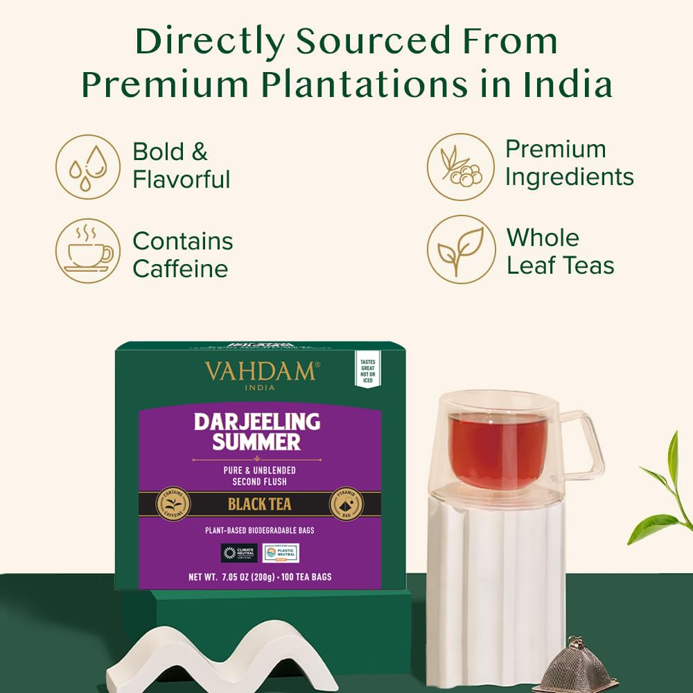 VAHDAM Darjeeling Black Tea Bags - 100 Count | High Caffeine, Non-GMO, Gluten-Free | Smooth & Fruity Flavor