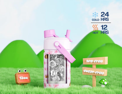 Skiennix 12 oz Kids Stainless Steel Water Bottle - Leakproof 2-in-1 Straw Lid, BPA-Free, Cute Bee Design