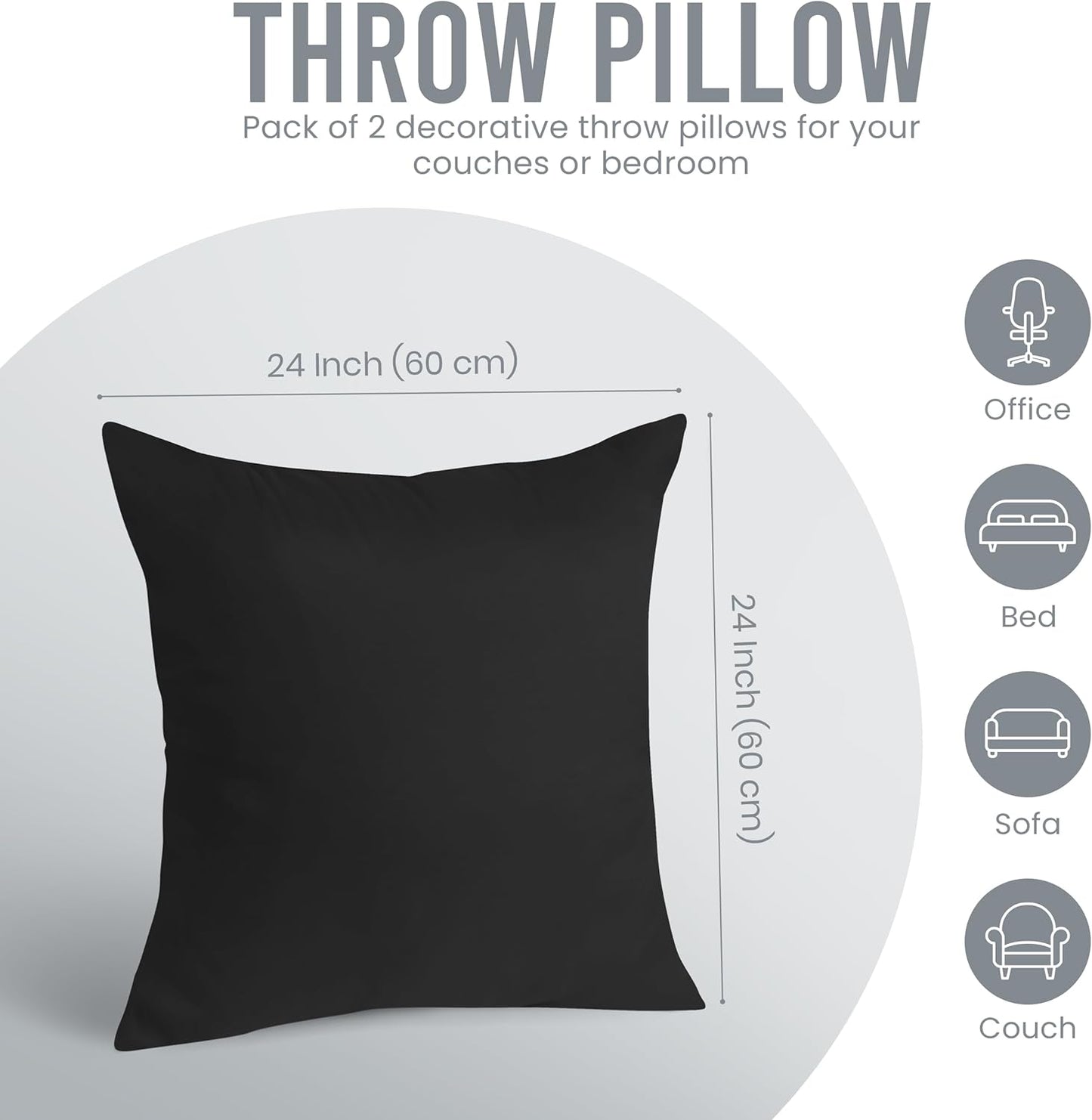 Utopia Bedding 24x24 Pillow Inserts - Set of 2 Black Decorative Throw Pillows for Sofa & Couch
