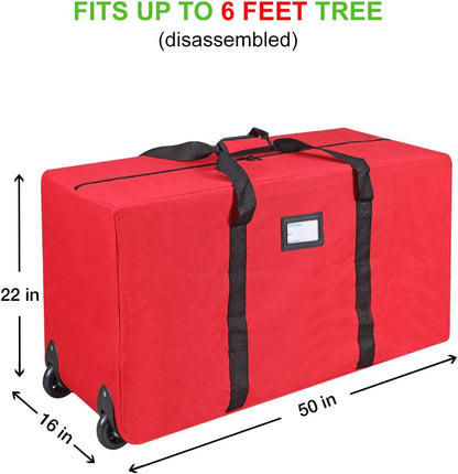 ProPik Holiday Rolling Tree Storage Bag - Fits Up to 6 Ft Tall Disassembled Christmas Tree | Heavy-Duty 600D Oxford with Wheels & Handles (Red)