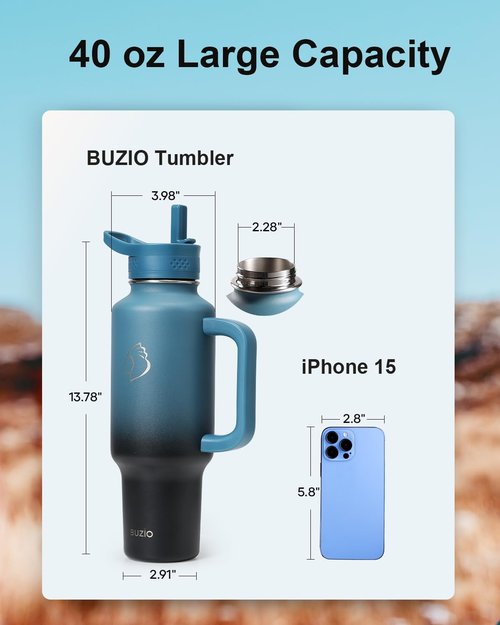 BUZIO Insulated Water Bottle - 40oz Metal Travel Tumbler with Handle & Flip Straw | Leakproof & Dishwasher Safe, Black