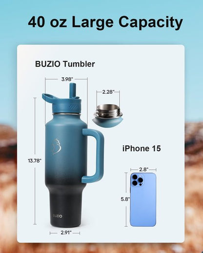 BUZIO Insulated Water Bottle - 40oz Metal Travel Tumbler with Handle & Flip Straw | Leakproof & Dishwasher Safe, Black