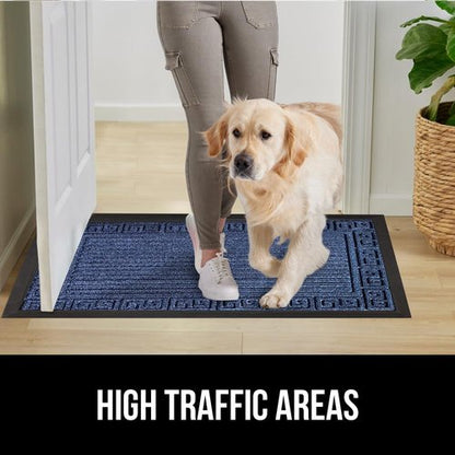 GORILLA GRIP 100% Waterproof All-Season WeatherMAX Doormat, 60x24, US Designed Natural Rubber, Stain and Fade Resistant, Low Profile Indoor Outdoor Door Mats, Easy Clean Patio Mat, Navy Greek Keys