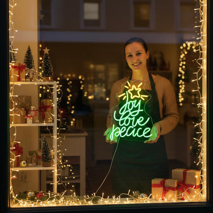 Neon Sign by Christmas Tree - USB Powered LED Wall Decor | Peace, Love, Joy Design for Holiday Parties