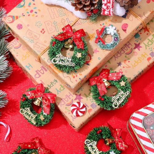 Mini Christmas Wreath Ornaments 6.5cm Holiday Decor Set with Bows Bells & Sign