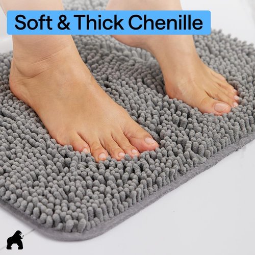 GORILLA GRIP Bath Rug Mat - Soft Absorbent Chenille with Quick Dry Microfiber | 24x17 Grey Washable Bathroom Accessory