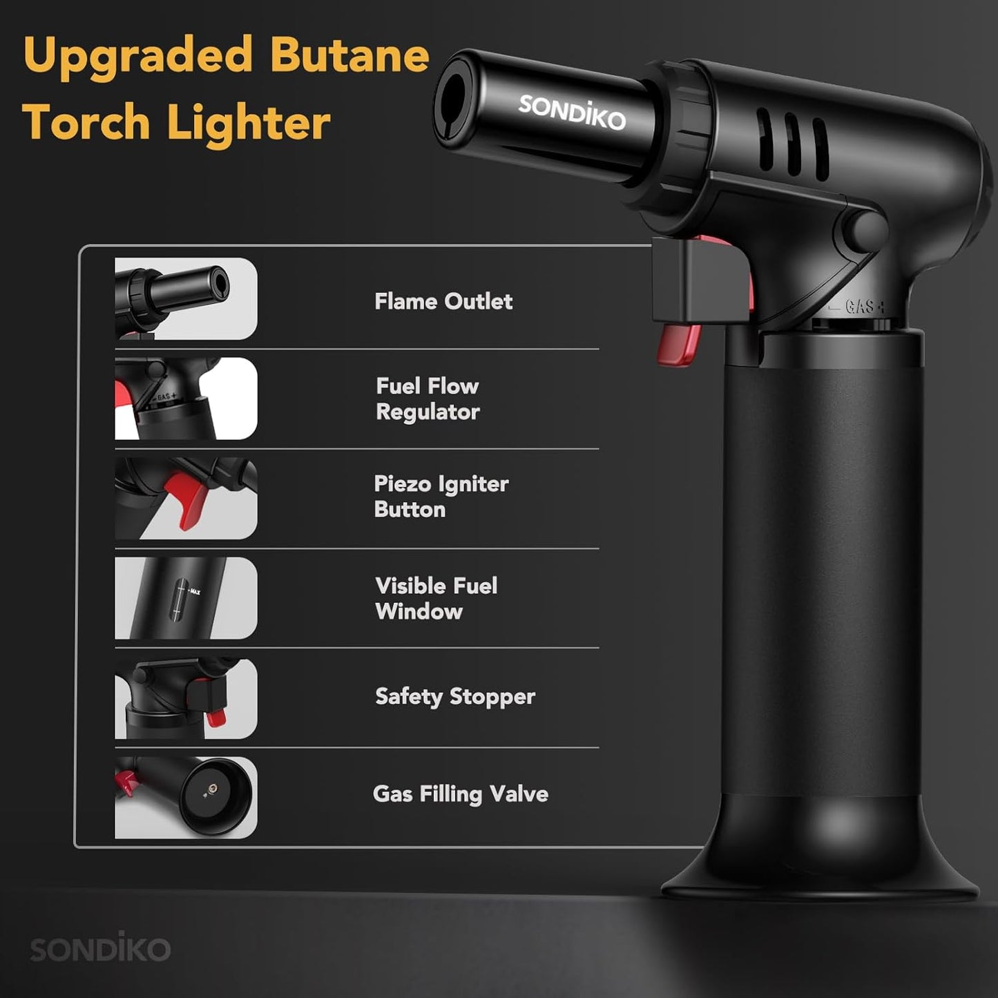 Sondiko Butane Torch Lighters - Refillable Soldering Torch with Adjustable Flame | 2 Pack with Fuel Window