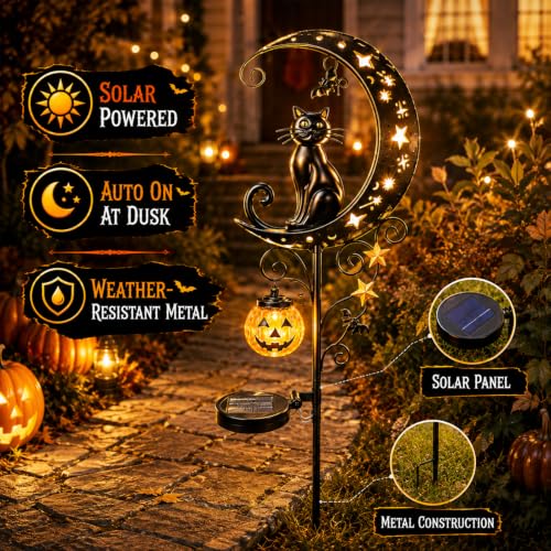 Halloween Solar Black Cat & Pumpkin Garden Stake Light, Outdoor Yard Decor