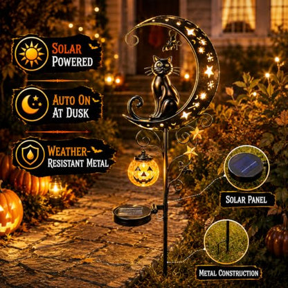 Halloween Solar Black Cat & Pumpkin Garden Stake Light, Outdoor Yard Decor