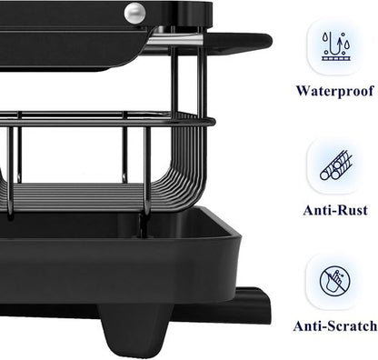 Kitsure Dish Drying Rack - Stainless Steel Kitchen Organizer with Cutlery Holder | 12.2''W x 15.7''~23''L, Black