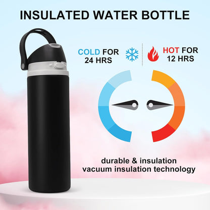 Skiennix 24 oz Insulated Water Bottle - Stainless Steel, Leak-Proof Design, One-Touch Flip Lid, Black