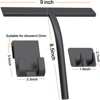Skiennix All-Purpose Silicone Shower Squeegee - 9 Inch Black Tool with Hooks for Glass Doors & Mirrors