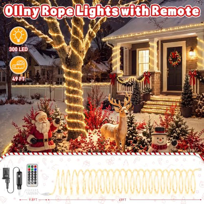 Outdoor Christmas Rope Lights 50FT 300 LED Warm White with Remote & Modes