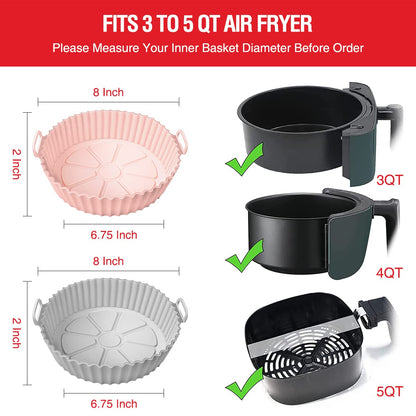 2 Pack Air Fryer Silicone Liners Pot for 3 to 5 QT, Air Fryer Silicone Basket Bowl, Replacement of Flammable Parchment Paper, Reusable Baking Tray Oven Accessories, Pink+Grey, (Top 8in, Bottom 6.75in)